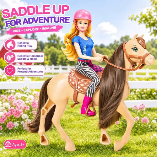 Vista 3 de 60 piezas de caballo de muñeca con muñeca, ropa y accesorios para regalos