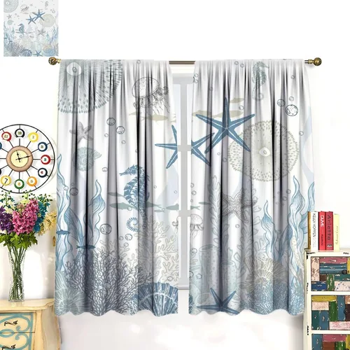 Vista 49 de Cortinas de decoración de playa con océano azul, peces náuticos costeros playeros de verano, conchas marinas, temática infantil, dormitorio, sala