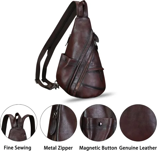 Vista 6 de Bolso bandolera de cuero genuino para hombres y mujeres, mochila de cuero para el pecho, bolsa cruzada de hombro