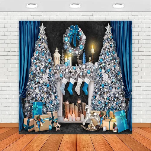 Vista 9 de Avezano Telón de fondo para chimenea de Navidad, cajas de regalo de juguetes, fondo de árbol de Navidad para fotografía, vintage, azul y blanco