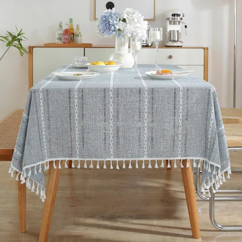 Vista 9 de meioro Mantel rústico, mantel rectangular de algodón texturizado de lino con borla, mantel de tela resistente para granja con bordado de rayas