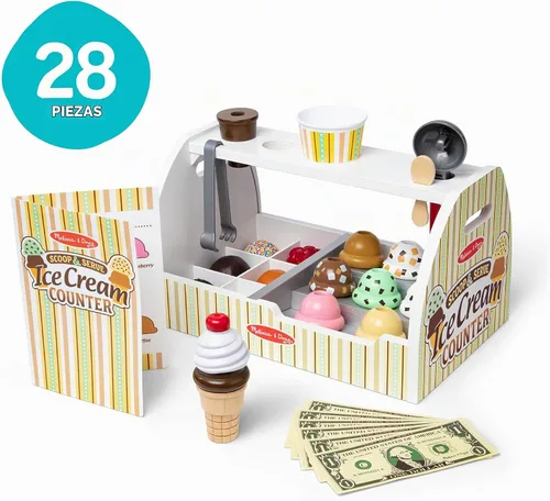 Vista 3 de Melissa & Doug - Encimera de helados de madera con cuchara para servir, juego de tienda de simulación, 28 accesorios de comida y cocina de juguete