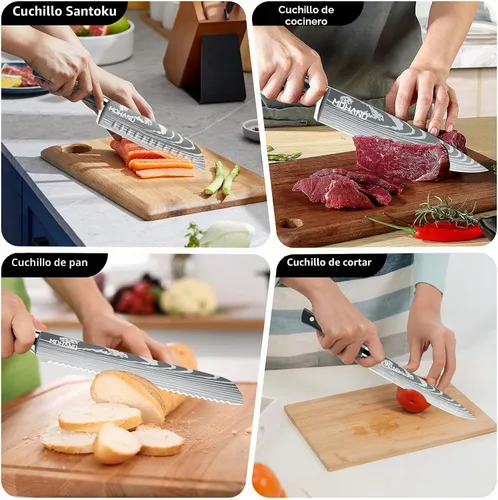 Vista 7 de MDHAND - Juego de cuchillos de chef con bolsa de rollo, juego de cuchillos profesionales con afilador Negro