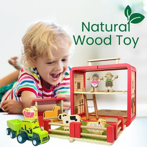 Vista 4 de Juego de granja de juguetes de madera – Los juguetes para niños pequeños incluyen funda de transporte portátil de granero, agricultores de gente