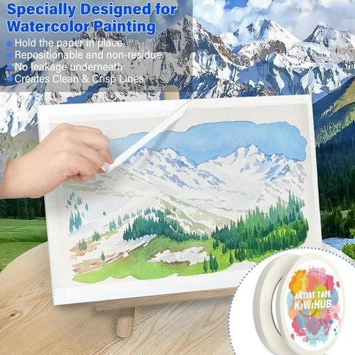 Vista 3 de Paquete de 2 cintas blancas de artista para papel de acuarela, cinta adhesiva de arte blanca para dibujar pintura, lienzo, enmarcado, sin ácidos