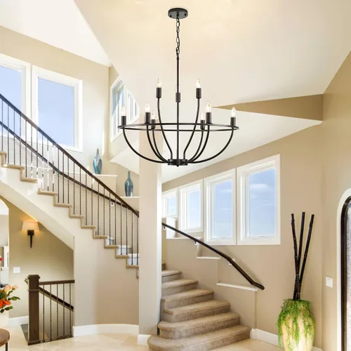 Vista 5 de Candelabros negros para comedor: 9 luces de casa de campo comedor, iluminación industrial rústica de isla de cocina, lámpara de araña redonda