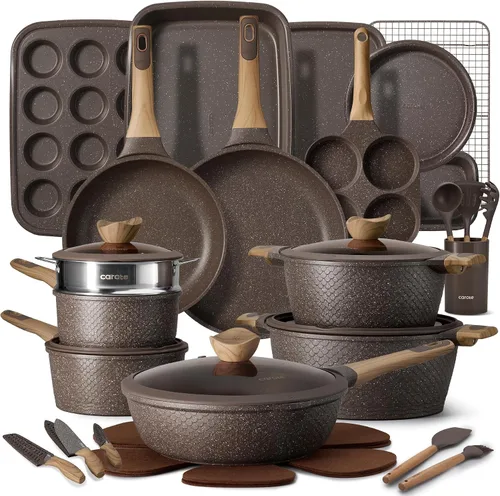 Vista 10 de CAROTE Juego de 26 piezas de ollas y sartenes antiadherentes, juego de utensilios de cocina ollas y sartenes de inducción, cocina antiadherente