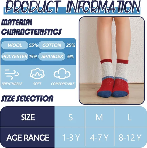 Vista 6 de EBMORE - Calcetines de lana merino para niños para niños pequeños, niños y niñas, térmicos, cálidos, gruesos, para senderismo, invierno, calcetines