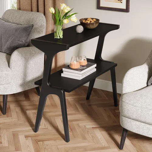 Vista 5 de Tribesigns Mesa auxiliar de madera maciza, mesa de dos niveles moderna y delgada para sofá con estantes de almacenamiento, mesa lateral alta
