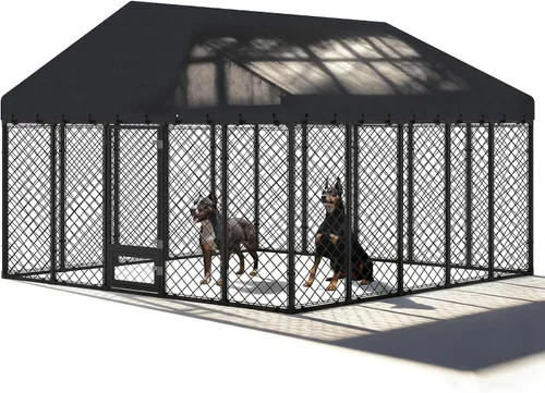 Vista 11 de Perrera resistente para perros de 10 x 14 x 6.4 pies, con doble cerraduras seguras y cubierta de techo impermeable y resistente a los rayos UV