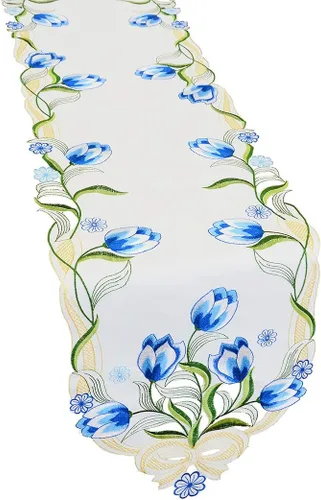 Vista 6 de Caminos de mesa pequeños bordados de tulipán, manteles florales de primavera para Pascua (azul, 13 x 35 pulgadas)