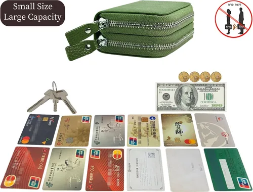 Vista 26 de Cartera de cuero para mujer, con doble tarjeta, tarjetero con cremallera, múltiples compartimentos, bloqueo RFID C-W-1, Rosado, Talla única