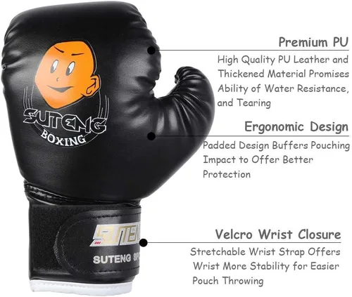 Vista 2 de Guantes de boxeo para niños, guantes de entrenamiento de piel sintética, guantes de entrenamiento de dibujos animados para niños Muay Thai