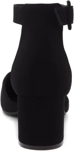 Vista 4 de Shoe Land SL-Kyana - Tacones de punta cerrada para mujer, tacones gruesos de bloque bajo, tacones puntiagudos negros y rojos para mujer, con correa