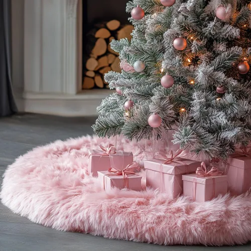 Vista 11 de AISENO Falda de árbol de Navidad de 60 pulgadas, decoración navideña de felpa de piel sintética beige para árbol de Navidad, fiesta festiva