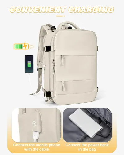 Vista 8 de Mochila de viaje para mujer, aprobada por aerolíneas, bolsas de mano para artículos personales, beige (A-Beige), Mochila de viaje para laptop
