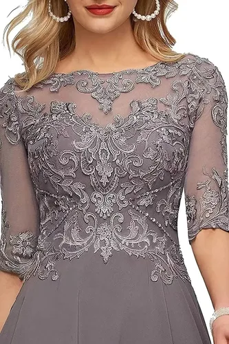 Vista 5 de A Line Tea Length Mother of The Bride Dress with Sleeve Half Sheer Lace Applique Chiffon Formal Evening Party Gowns for Women