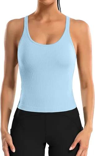 Vista 162 de ATTRACO Camiseta corta acanalada de entrenamiento para mujer con brasier integrado para yoga, espalda cruzada, ajuste ajustado