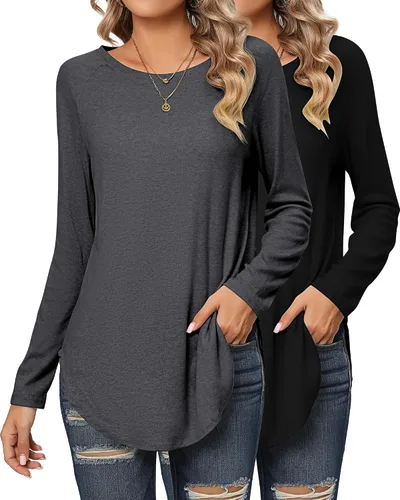 Vista 3 de 2 Pack Women's Long Sleeve Shirts, Loose Fit Crew Neck Tunic Tops Loose Fit Side Split Basic Pullover Tee Shirts