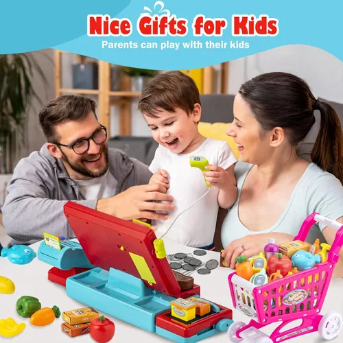 Vista 7 de Caja registradora para niños, calculadora real, caja registradora con escáner de juguete para niño de 3, 4, 5, 6, 7, 8 años, juego de simulación