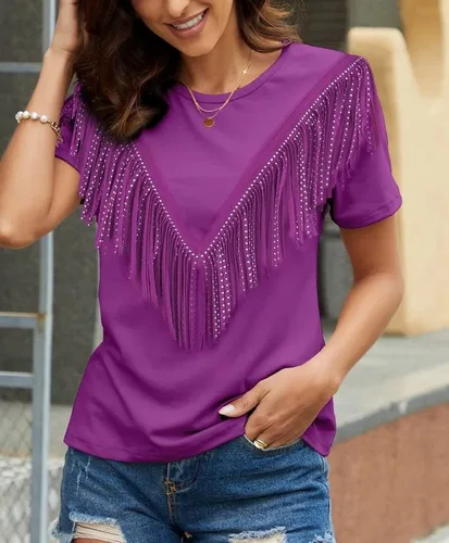 Vista 5 de PESION Camisas de manga corta con flecos para mujer, blusa con ribete de borlas