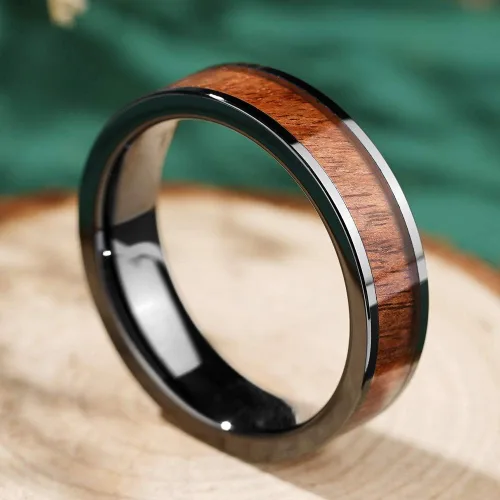 Vista 3 de THREE KEYS JEWELRY 6,8mm BlackWhite Ceramic Wedding Ring with Real Koa Wood Inlay Flat Top Wedding Band Engagement Ring Comfort Fit Size 4-16