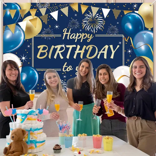Vista 3 de Decoración de feliz cumpleaños telón de fondo para fotos para niños y niñas 1 telón de fondo de feliz cumpleaños, 1 rollo de cinta con globos