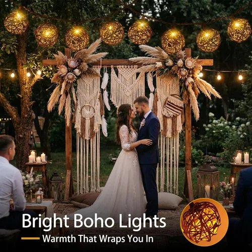 Vista 6 de Vigdur Luces de Cadena de Bolas de Ratán, Luces de Cadena de Linterna Boho con 10 Bombillas LED Conectables, Luces de Cadena para Interiores