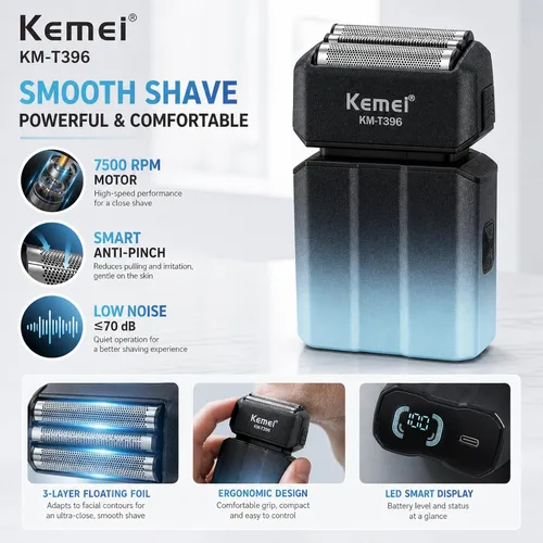 Vista 7 de Kemei KM-T396 - Afeitadora eléctrica para hombres con 3 cuchillas flotantes, afeitadora eléctrica inalámbrica recargable de 7500 RPM para hombre