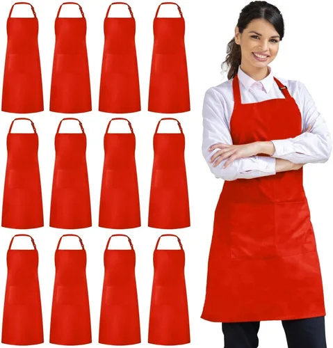 Vista 8 de Syntus Paquete de 12 delantales con peto, delantales unisex, ajustables, 100% algodón con 2 bolsillos, delantales de cocina para mujeres y hombres