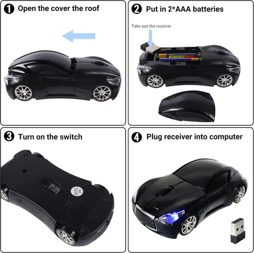 Vista 5 de elec Space Ratón inalámbrico, ratón inalámbrico con forma de automóvil deportivo, ratón inalámbrico óptico inalámbrico con receptor USB para PC