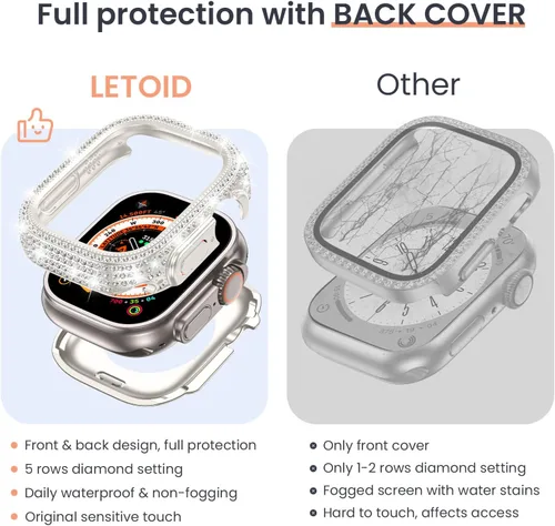 Vista 3 de LETOID - Funda impermeable para Apple Watch Ultra/Ultra 2, protector de pantalla de 1.929 in, funda protectora de cristal duro frontal con diamantes