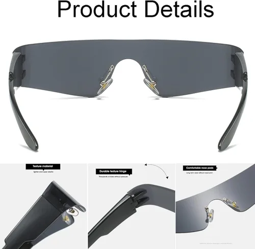 Vista 5 de NIDOVIX Rimless Y2K - Gafas de sol futuristas envolventes para mujeres y hombres, a la moda, con visera Cyberpunk, lentes de sol para futuros tonos