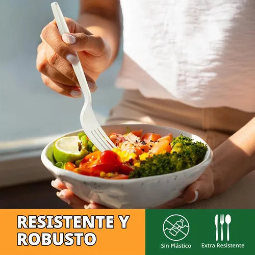 Vista 5 de Juego de cubiertos 100% compostables, 150 piezas (50 tenedores, 50 cucharas, 50 cuchillos) utensilios desechables de almidón de maíz resistentes