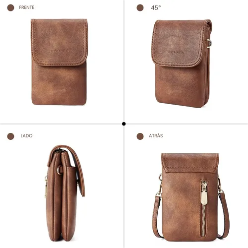 Vista 7 de Bolso bandolera pequeño de piel vegana BOSTANTEN para mujer, con diseño de cartera para celular, con correa ajustable A-01-retro Marrón