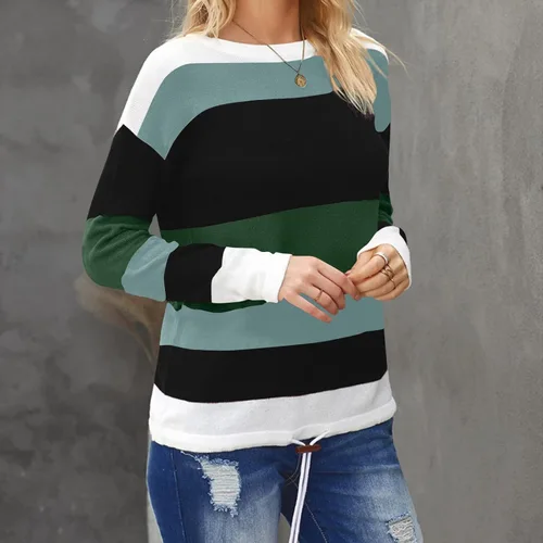 Vista 3 de HUANKD Suéteres de gran tamaño para mujer, a rayas de moda, con bloqueo de color, talla media larga, holgado, cuello redondo, suéter con parte