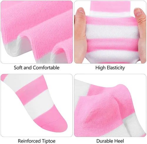 Vista 3 de Aneco 4 pares de calcetines de rayas altas por encima de la rodilla, calcetines altos hasta el muslo, accesorios de cosplay para mujeres y niñas