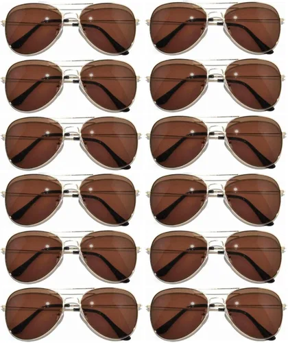 Vista 50 de OWL Paquete de 12 lentes de sol de aviador a granel de metal dorado, plateado, marco negro para hombres y mujeres, gafas de fiesta