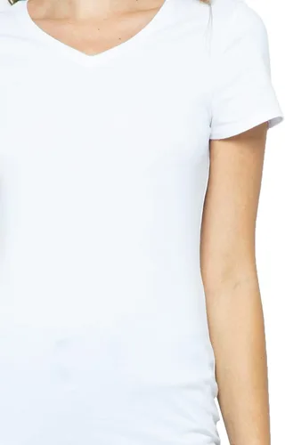 Vista 5 de Camiseta básica básica de algodón suave para mujer, manga corta, cuello redondo y cuello en V, ajustada