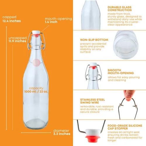 Vista 3 de FastRack Botellas de vidrio con tapa abatible de 33 onzas, paquete de 6, botellas de vidrio transparentes con tapa abatible para elaboración casera