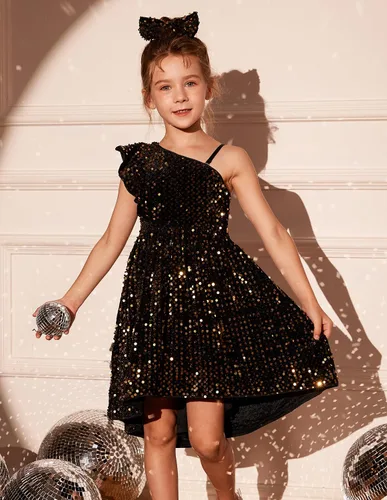 Vista 3 de GRACE KARIN Vestido de lentejuelas de un hombro para niñas, vestido de fiesta alto y bajo para 5-14 años