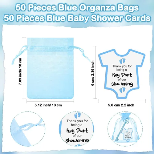 Vista 3 de Geyoga 50 juegos de recuerdos de fiesta de baby shower, 50 bolígrafos elegantes con forma de llave, bolígrafos de tinta de gel, 50 tarjetas de Azul