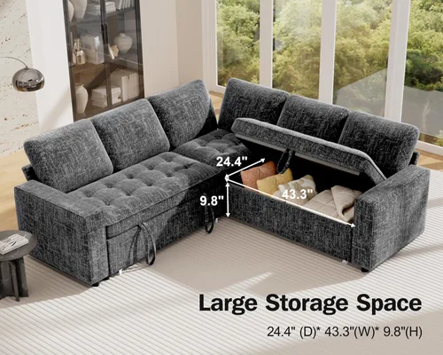 Vista 6 de Vipbear Sofá cama modular en forma de L de 5 asientos con cama extraíble/respaldo reclinable/puertos USB/asiento de almacenamiento, sofá cama Gris