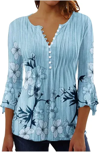 Vista 30 de Ceboyel Blusa tipo túnica con estampado floral para mujer, con botones, estilo Henley, con manga de codo, casual, trajes de moda para mujer