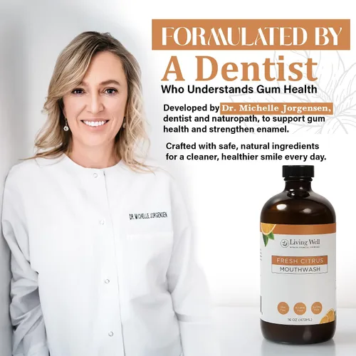 Vista 5 de Enjuague bucal remineralizante de cítricos frescos Living Well con la Dra. Michelle Fórmula de hidroxiapatita y plata coloidal Enjuague bucal
