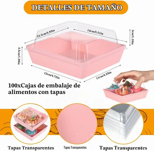 Vista 2 de Paquete de 100 cajas de charcutería con tapas transparentes de 5 pulgadas, cajas de galletas desechables para pasteles, cajas de papel para postres