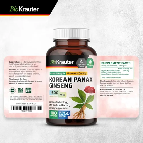 Vista 9 de BIO KRAUTER® Suplemento de ginseng para energía, concentración, rendimiento y apoyo inmunológico, ginseng rojo coreano vegano puro, 1600 mg por