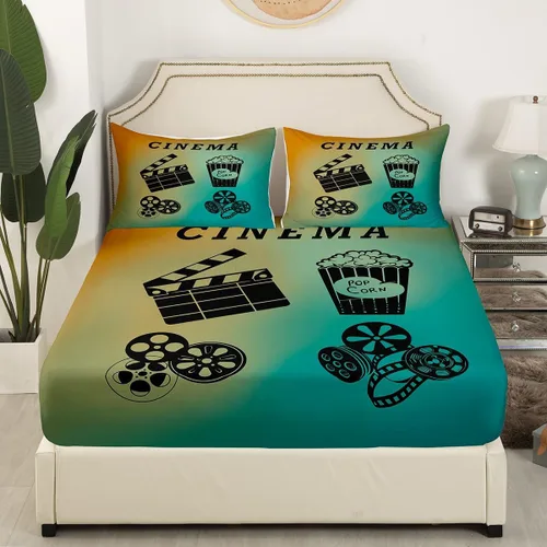Vista 3 de Sábana bajera ajustable de cine tamaño individual, sábanas vintage para niños, niñas y adultos, juego de ropa de cama de palomitas de maíz