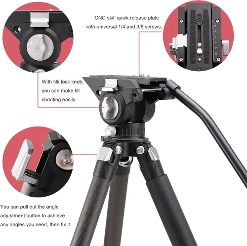 Vista 5 de Trípode de fibra de carbono con cabezal fluido, trípode de cámara de video resistente para carga de cámara DSLR de hasta 33 libras, adecuado