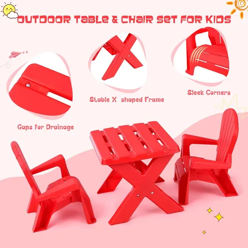 Vista 2 de COSTWAY Juego de mesa y silla para exteriores para niños, mesa de juego para niños con 2 sillas Adirondack, 3 muebles de patio trasero para niños